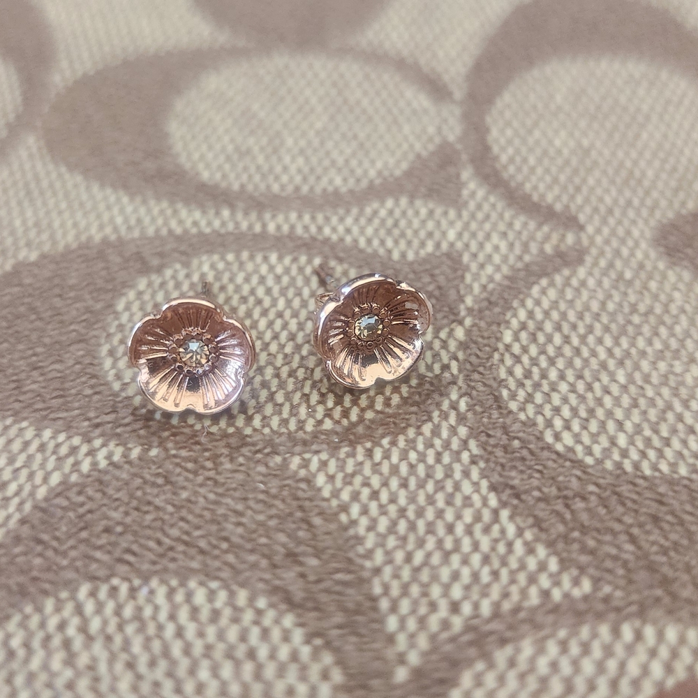 Coach Rose Gold Stud Poppy Earrings with Clear Stone